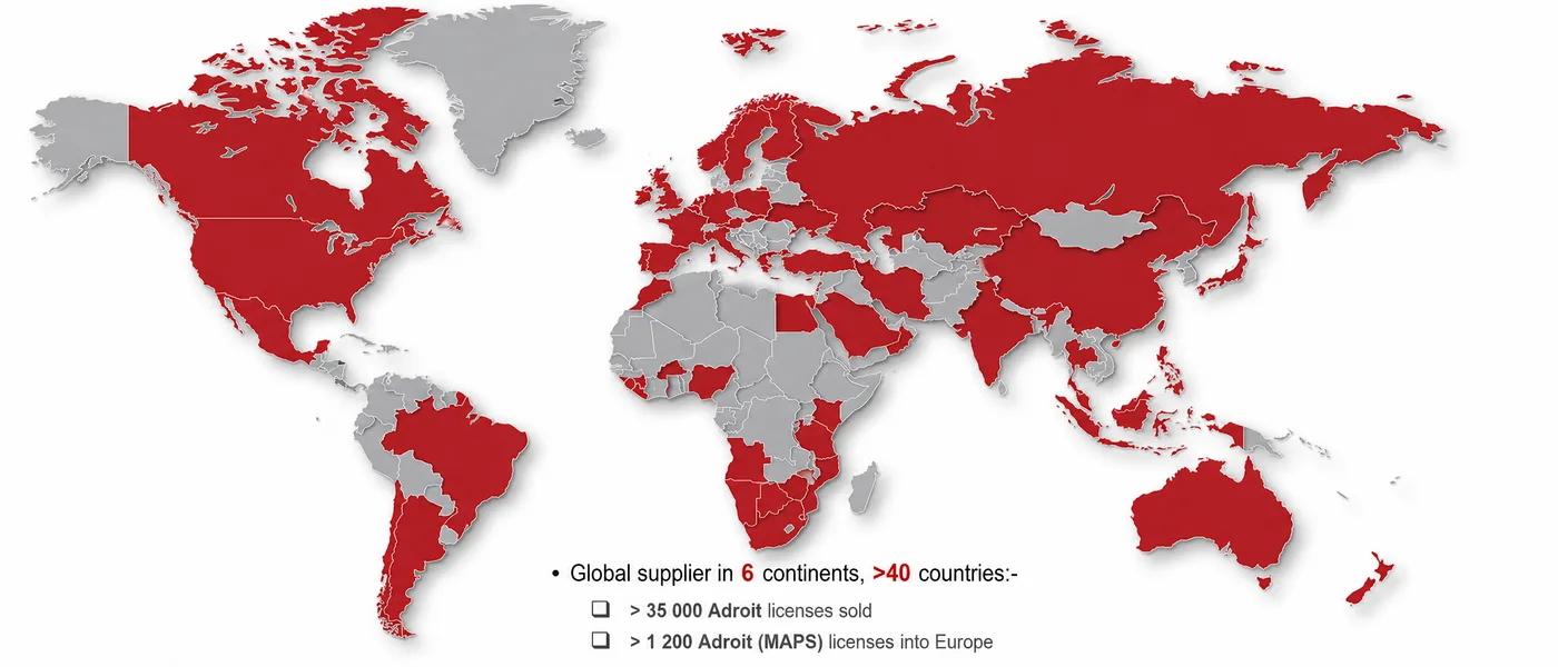 Adroit Technologies global footprint - over 35,000 licenses sold across 6 continents and 40+ countries, with 1,200+ Adroit MAPS licenses deployed across Europe
