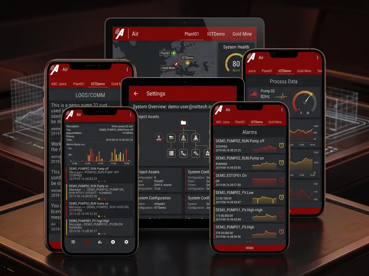 Adroit Air app screens showing alarms, process data and messaging