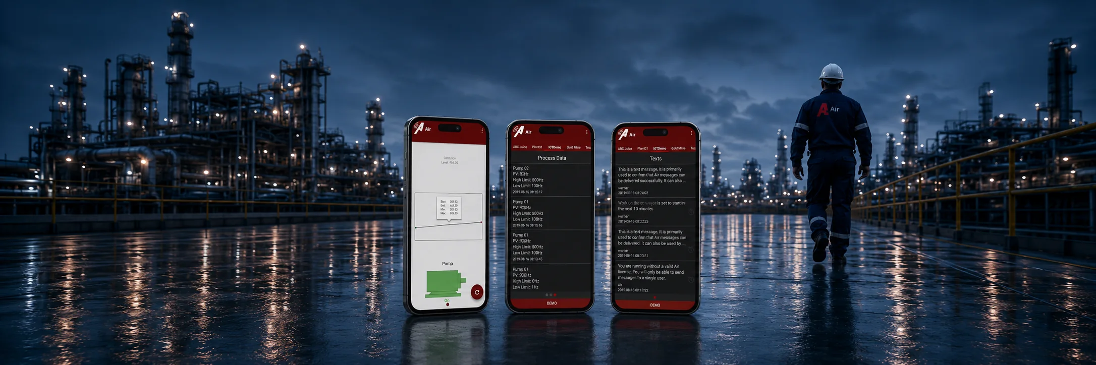 Engineer receiving a plant alarm notification on a smartphone in an industrial control room