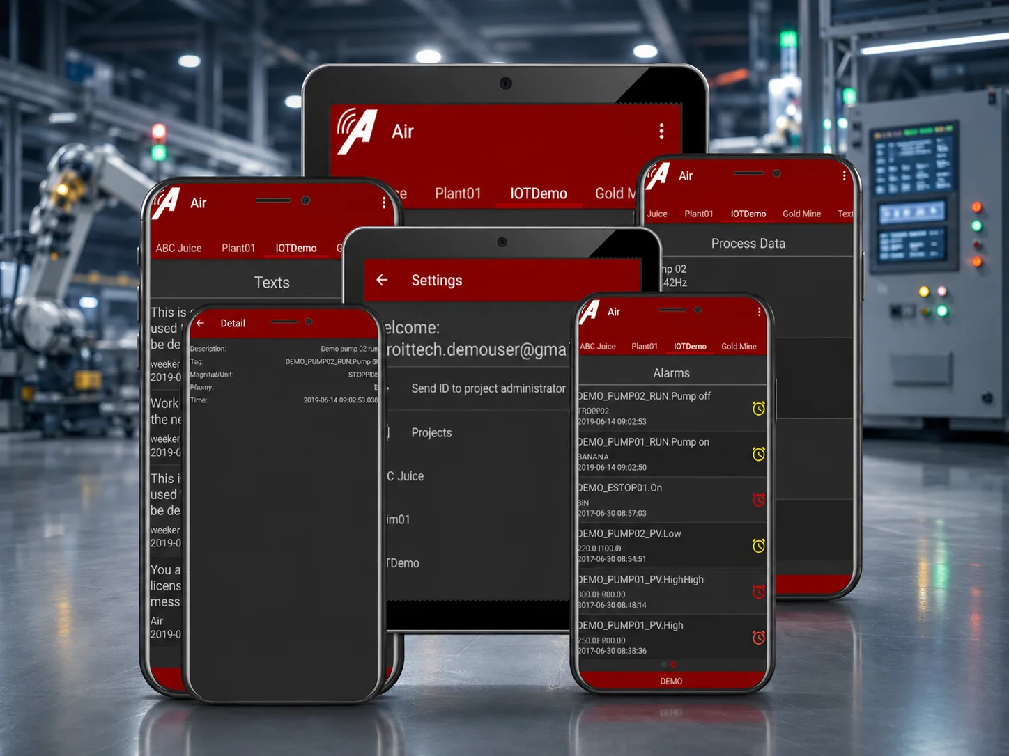 Adroit Air alarms, messages and process data on a smartphone and tablet
