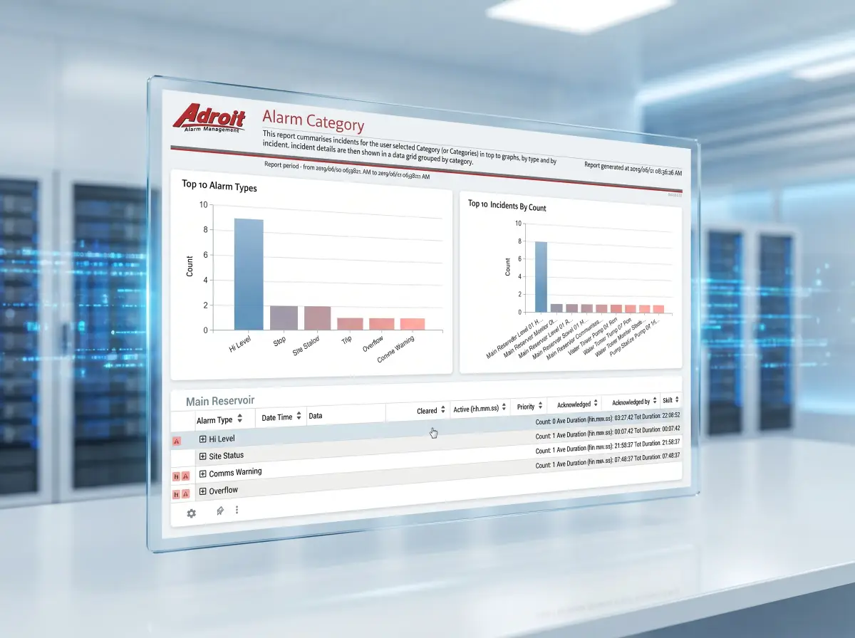 Adroit Alarm Management dashboard displaying performance reports and KPI metrics