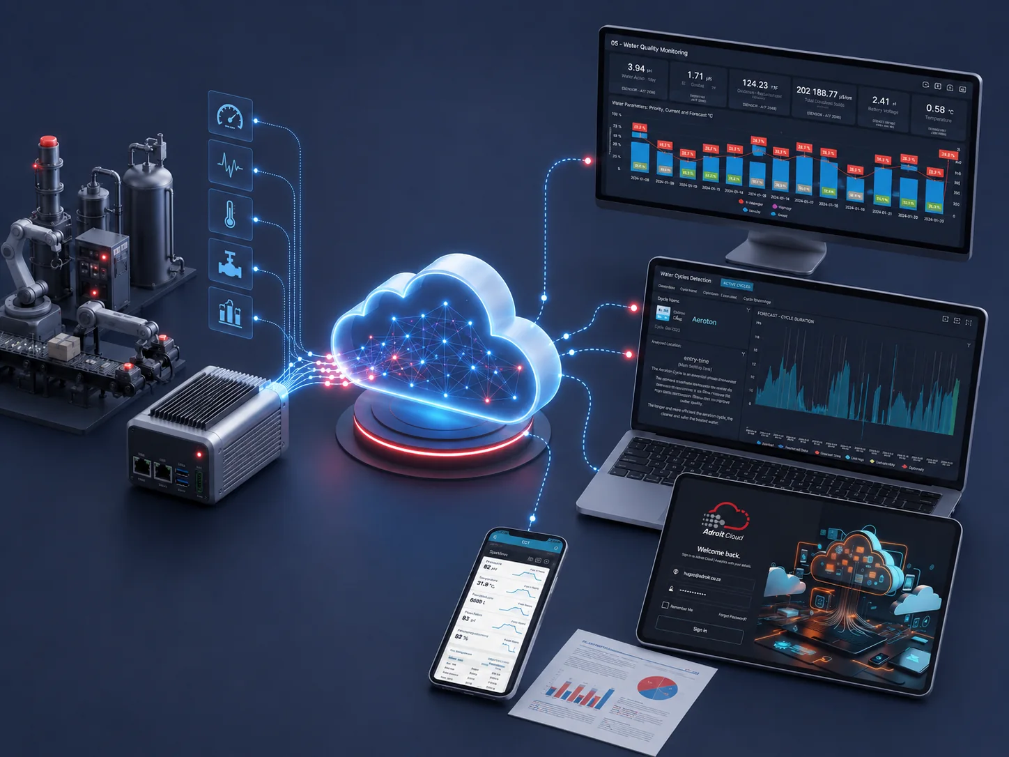 Adroit Cloud connecting plant devices to real-time dashboards across desktop, laptop, tablet and mobile
