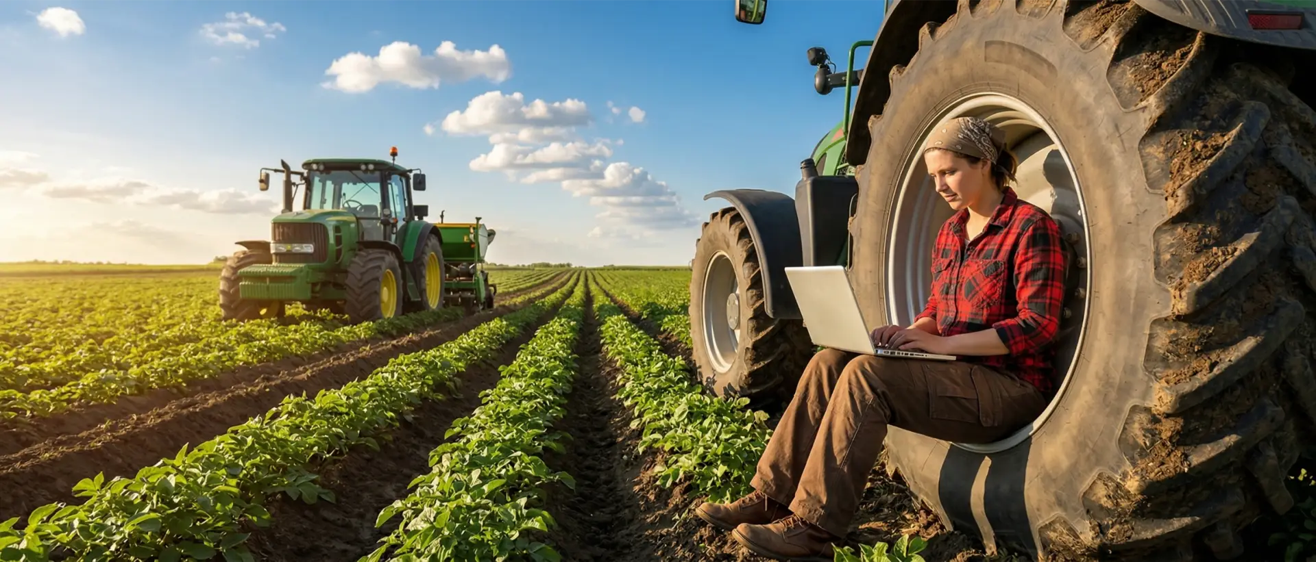 Farmer in field with tractor, monitoring agricultural operations remotely