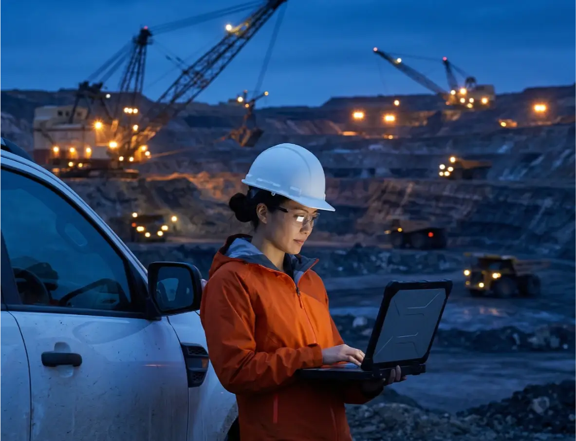 Female engineer using rugged laptop at open-pit mining operation at night