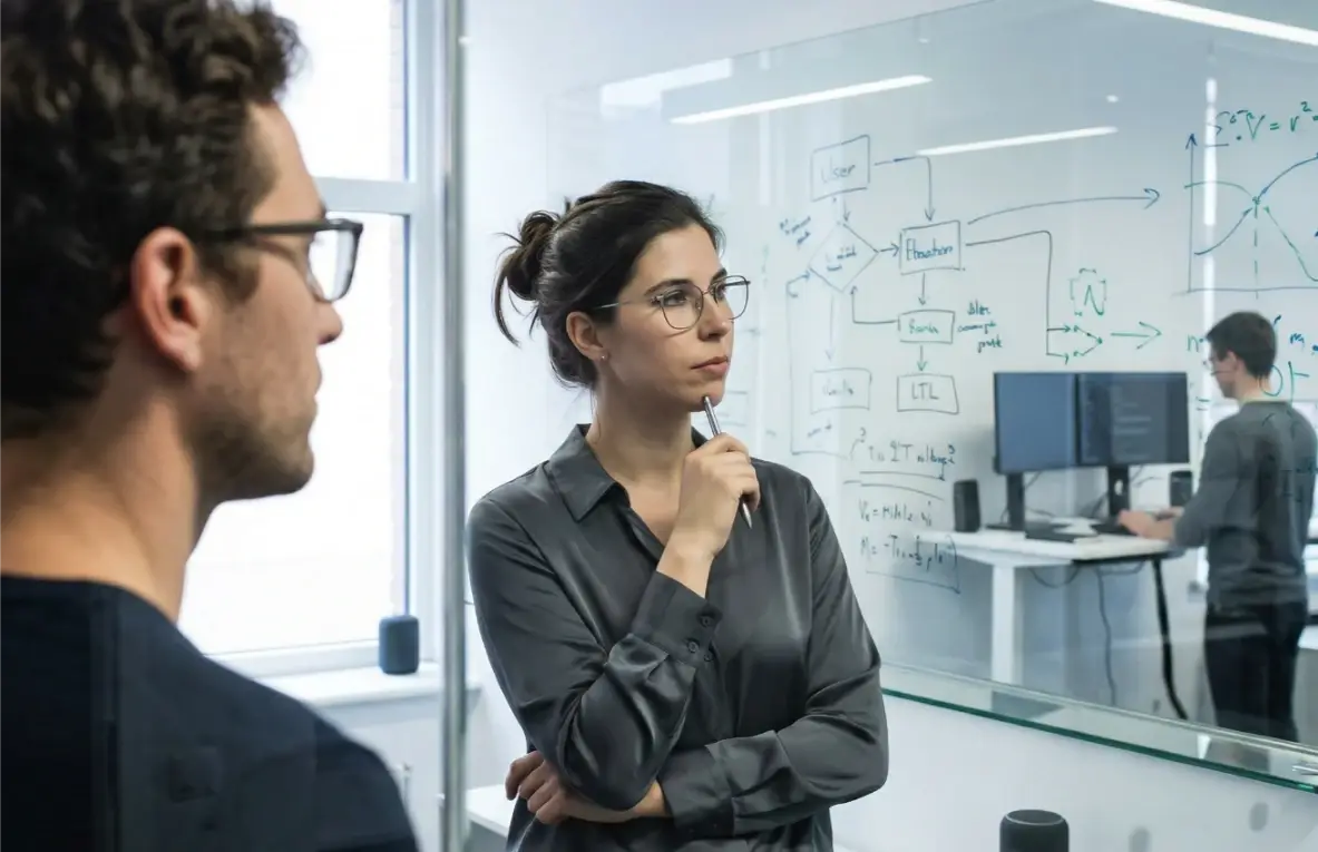 Engineers reviewing data architecture and system flow on whiteboard