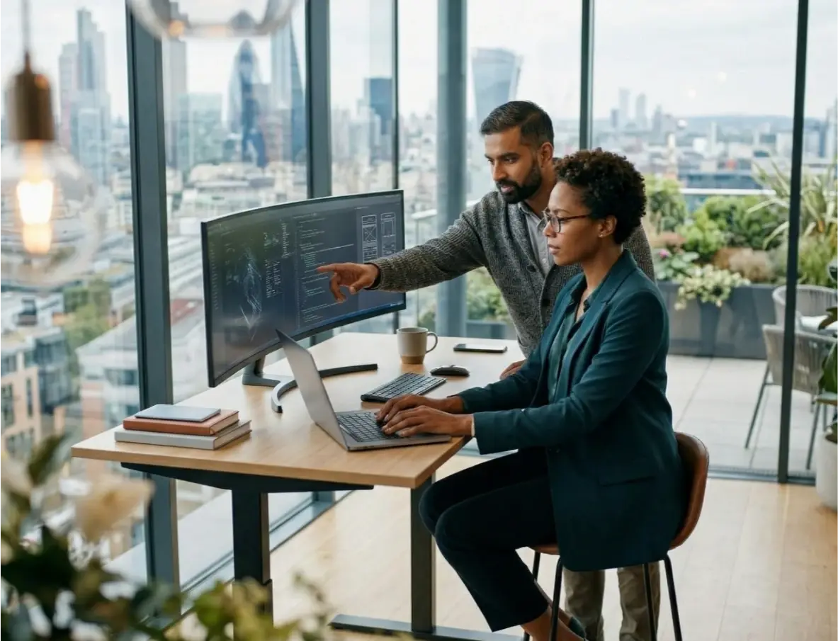 Two professionals reviewing operational data on large monitor in modern office with city skyline