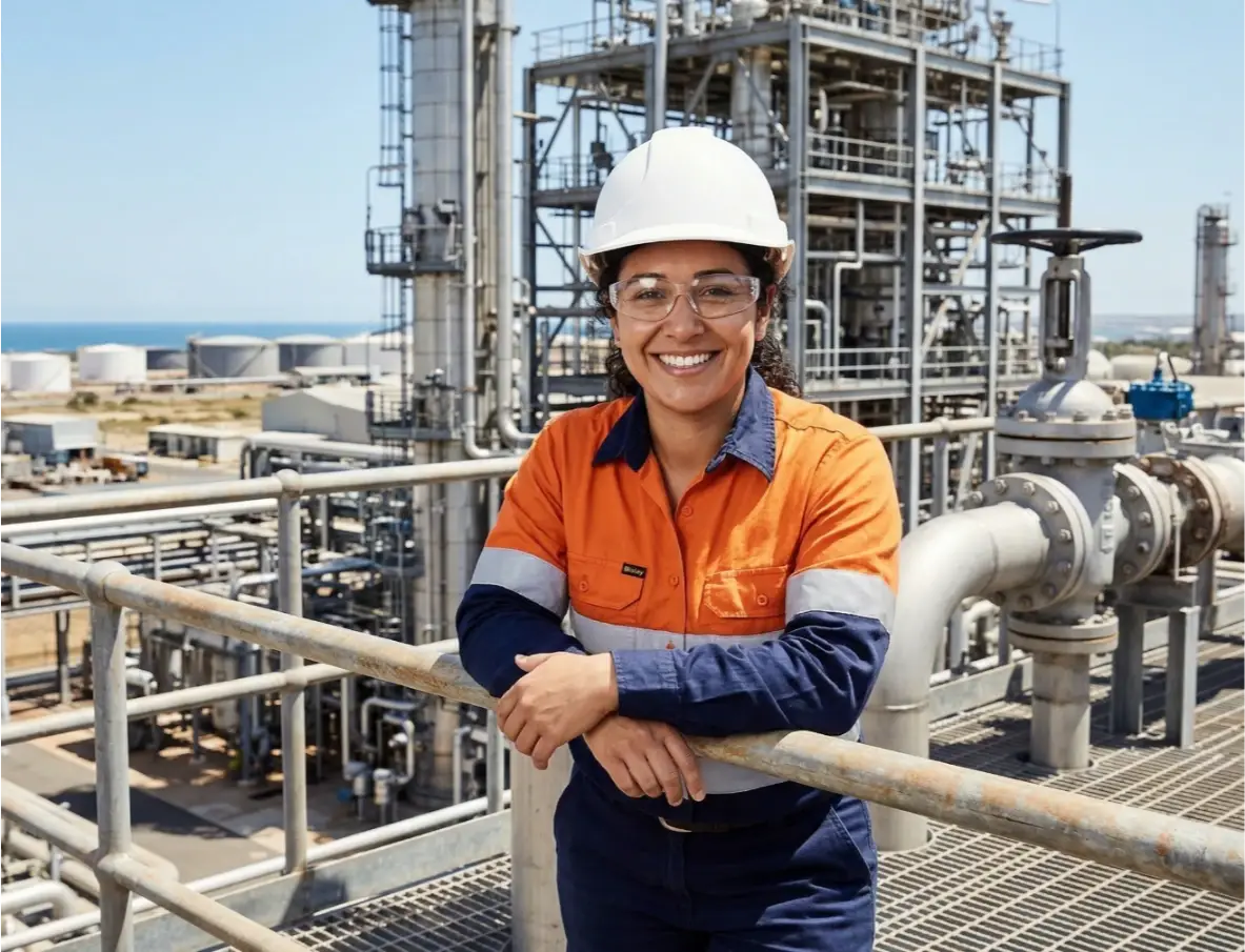 Engineer in orange hi-viz at industrial refinery facility