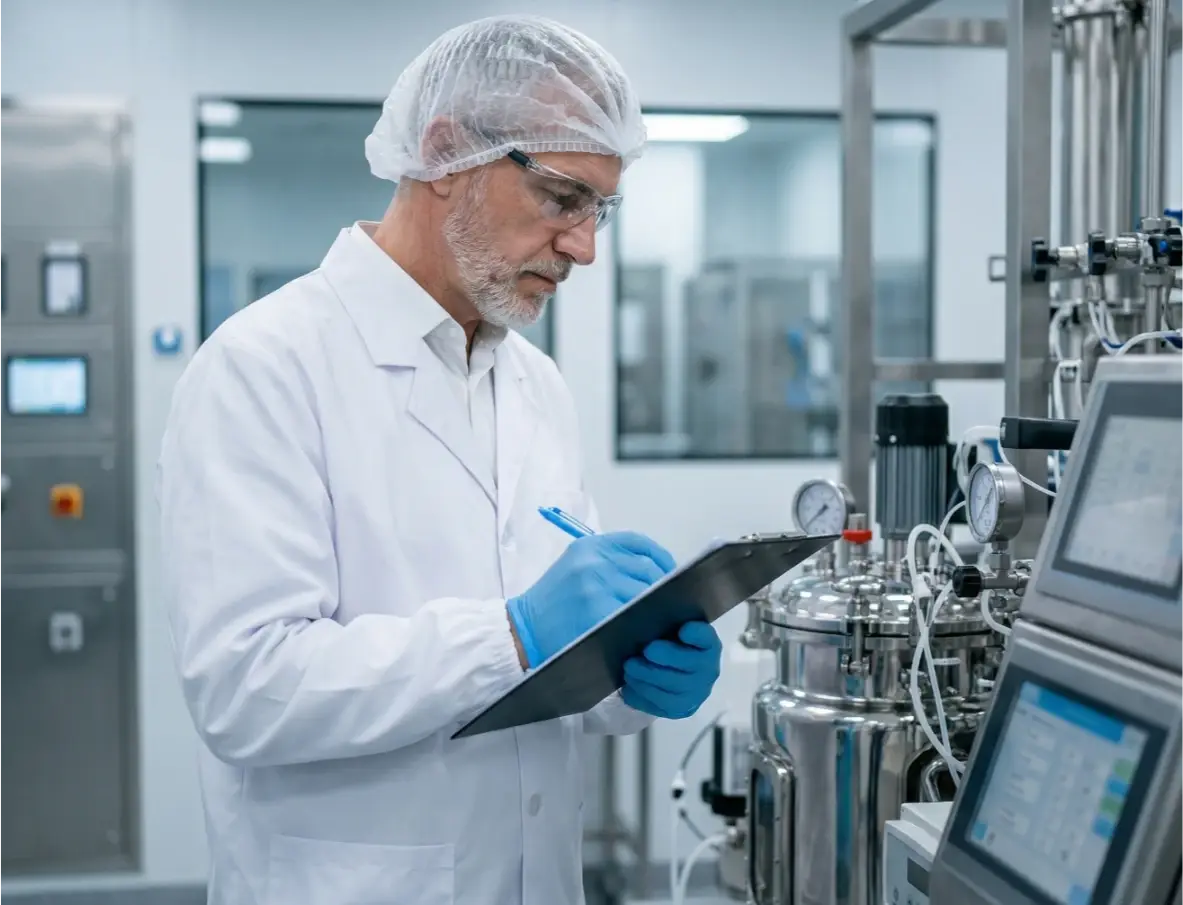 Technician in food-grade facility inspecting automated processing equipment with clipboard