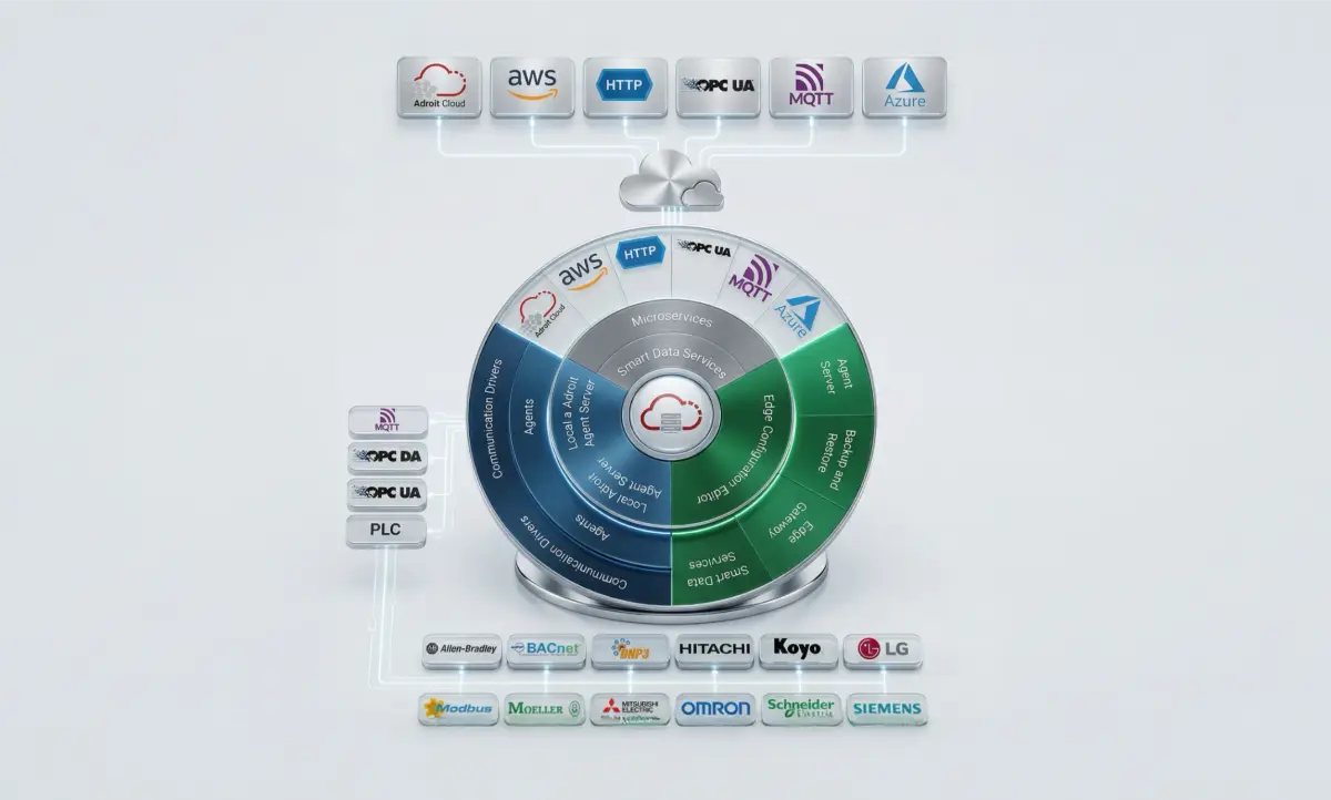 Adroit Edge Gateway ecosystem diagram showing cloud services, microservices, and connected device brands