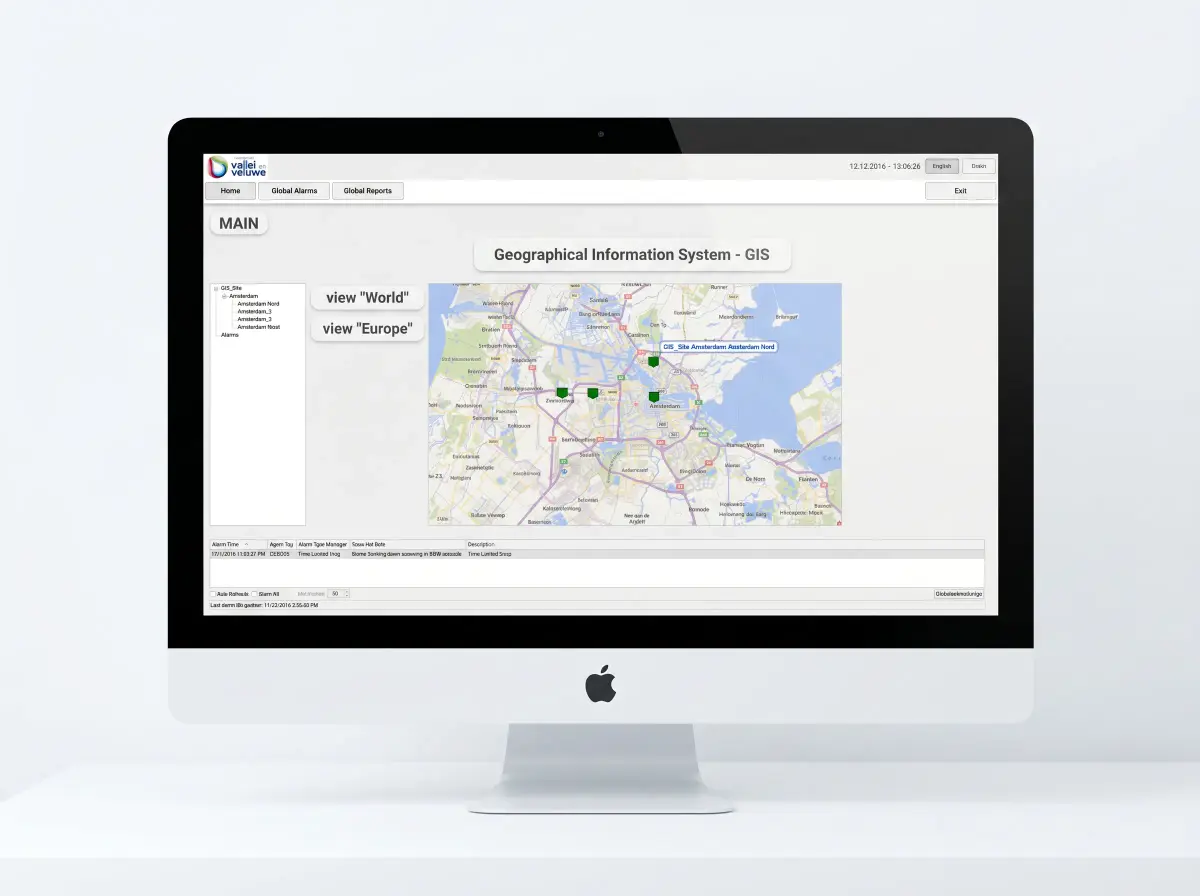 GIS map view displaying distributed industrial assets and alarm zones