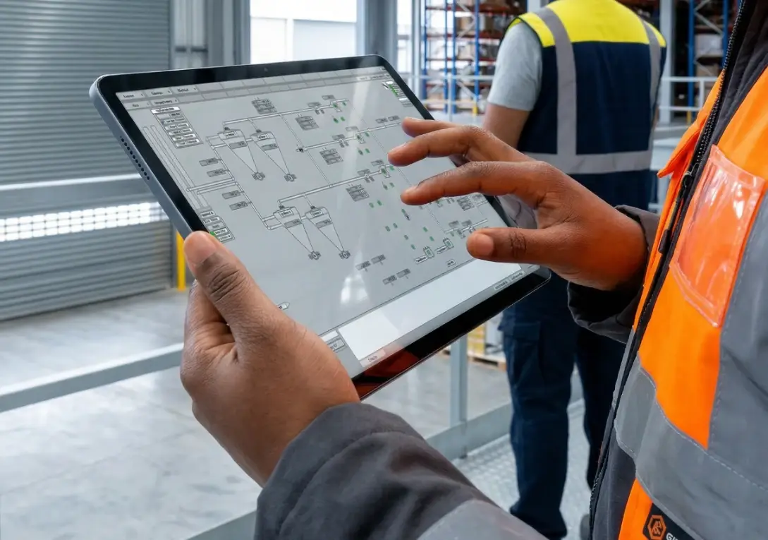 Engineer using tablet to monitor systems in industrial warehouse
