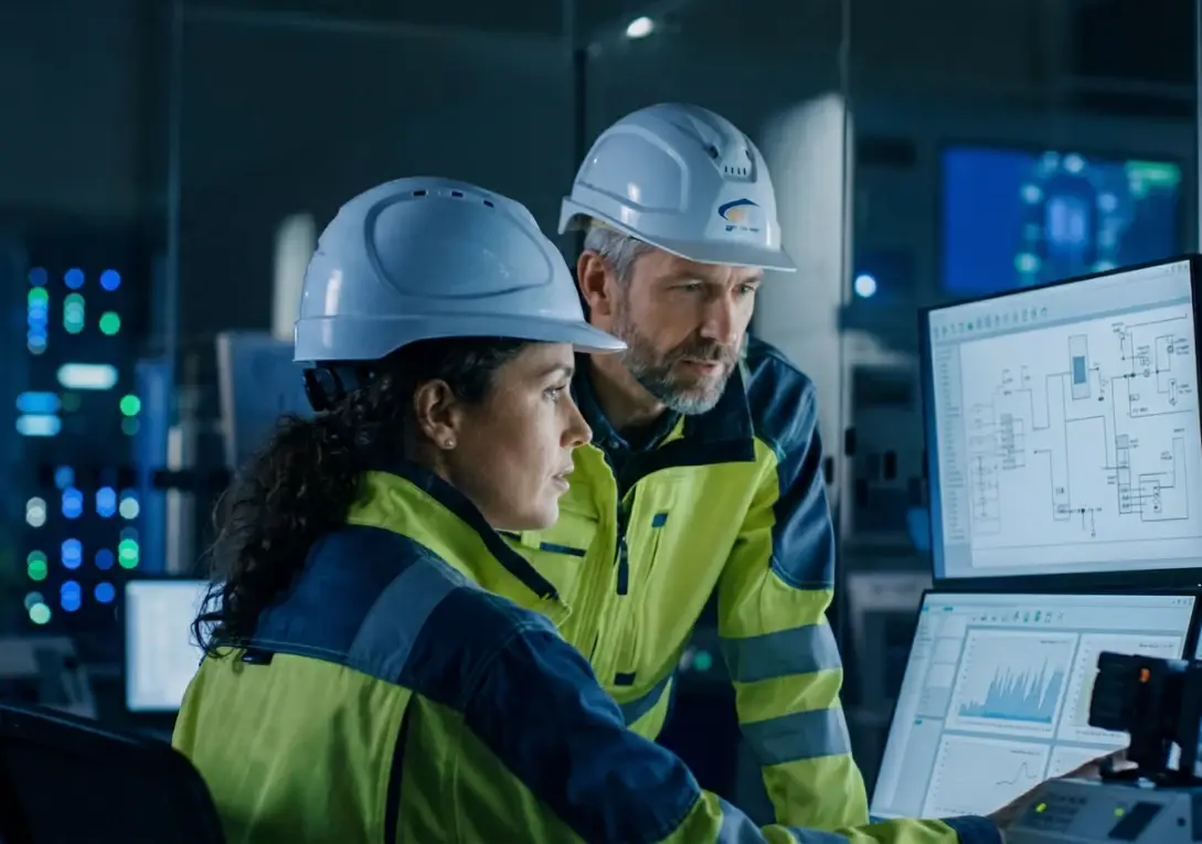 Two engineers reviewing SCADA dashboards in a control room