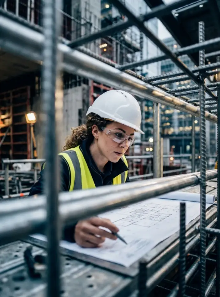 Female engineer reviewing blueprints on construction site