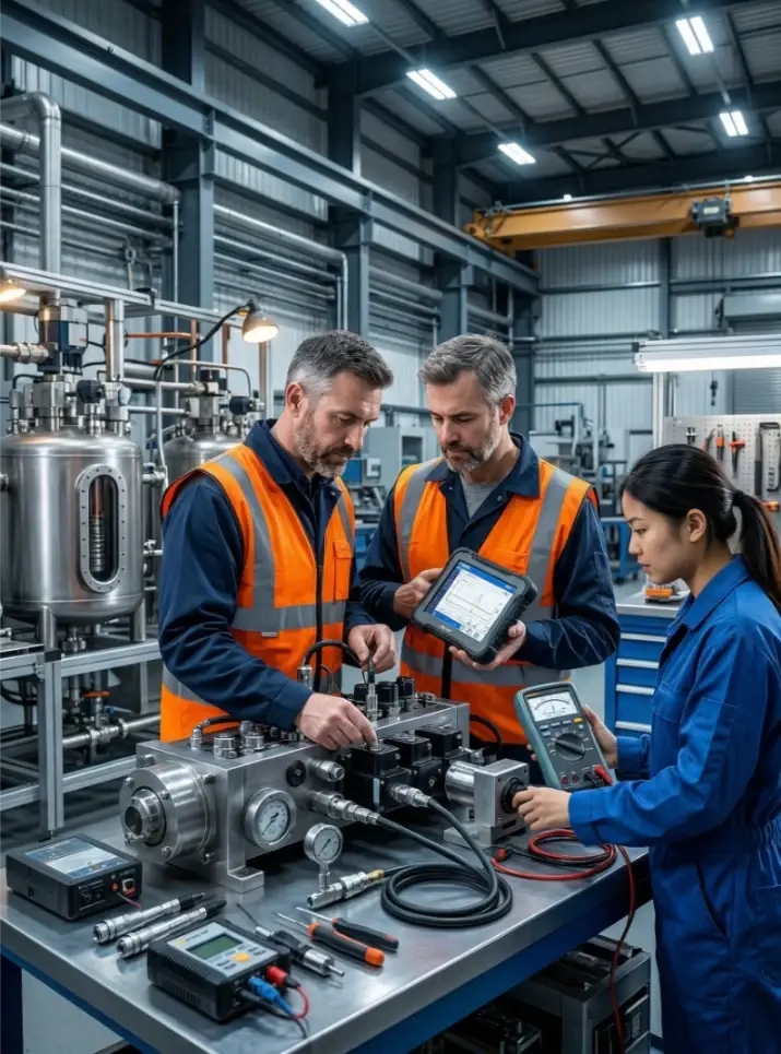 Industrial team working with machinery in workshop