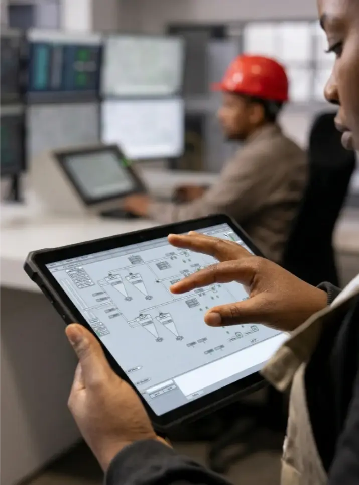 Engineer reviewing SCADA schematic on tablet device