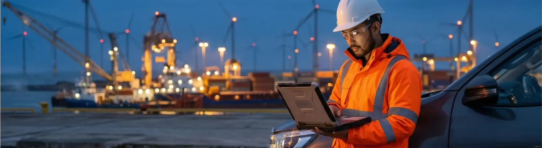 Industrial engineer using a laptop at a port facility with wind turbines