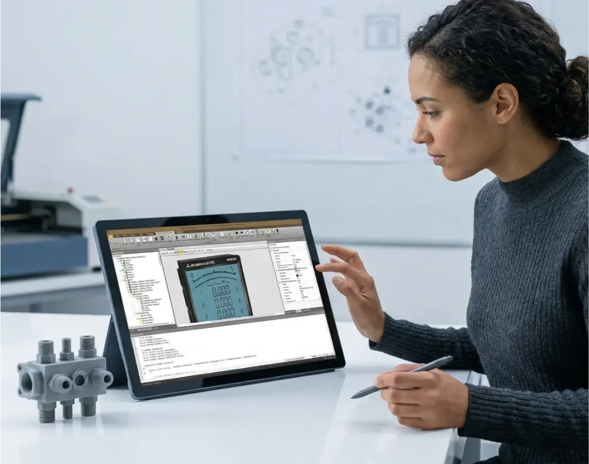 Engineer reviewing IoT sensor data on a SCADA tablet alongside industrial sensor hardware