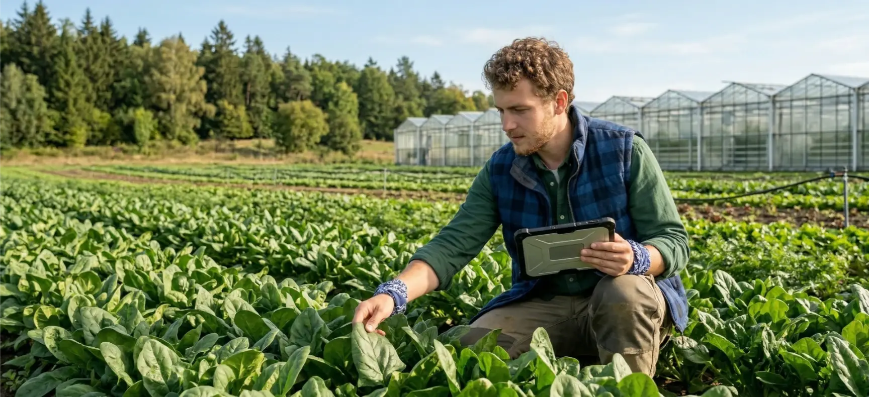 Agronomist monitoring crops in the field with a tablet, greenhouse in the background