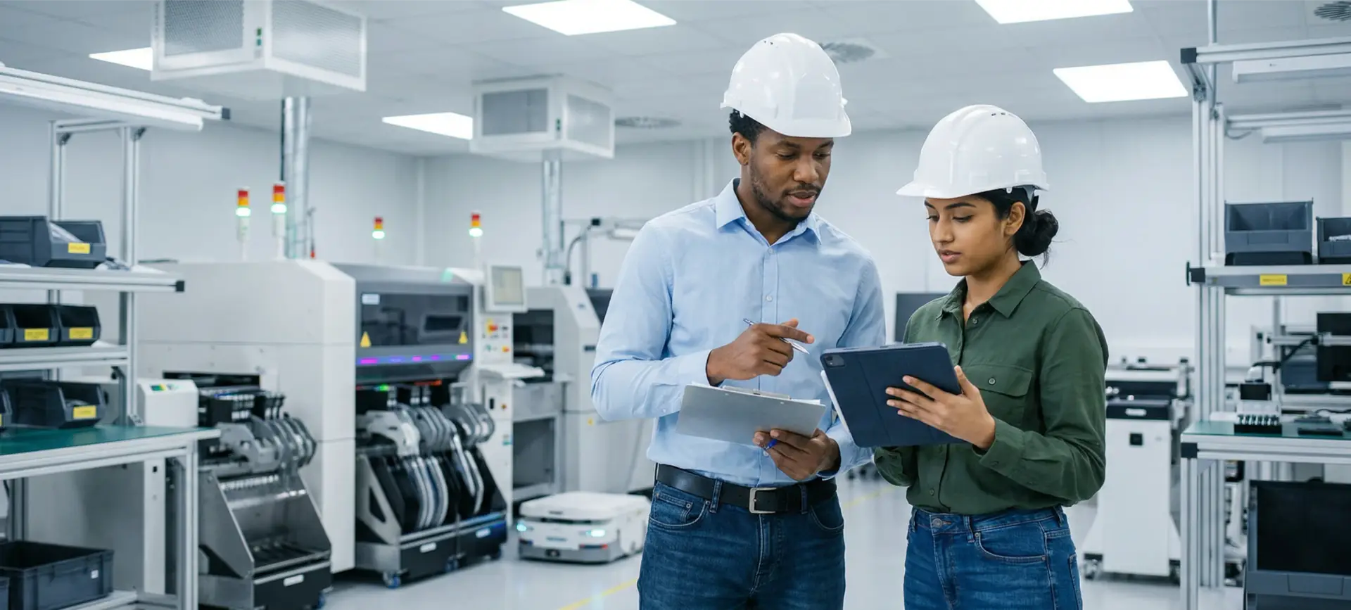 Two engineers with hard hats reviewing SCADA data on a tablet in an electronics manufacturing facility