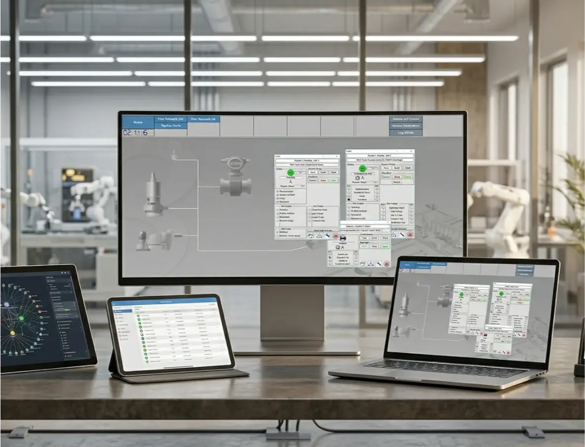 Rugged industrial tablet displaying Adroit Lite SCADA interface on a manufacturing floor