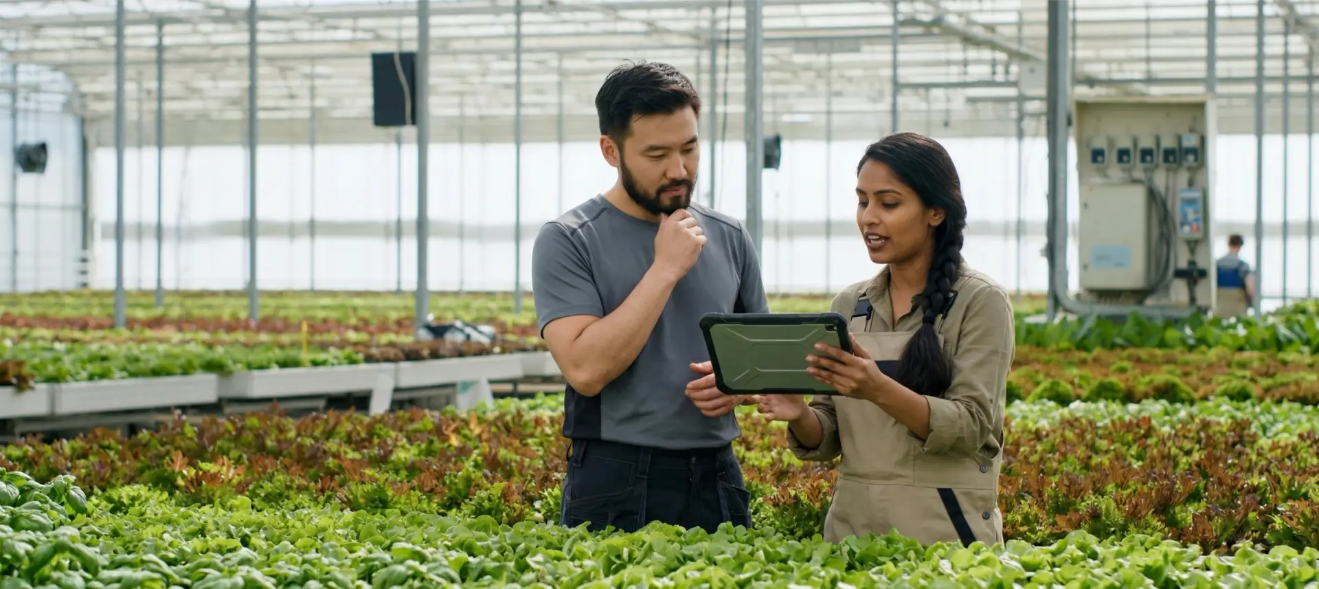 Agriculture professionals reviewing data on a tablet in a modern greenhouse facility