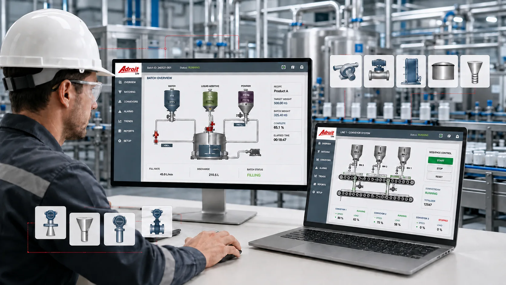 Adroit Lite operator interface showing process graphics and live values