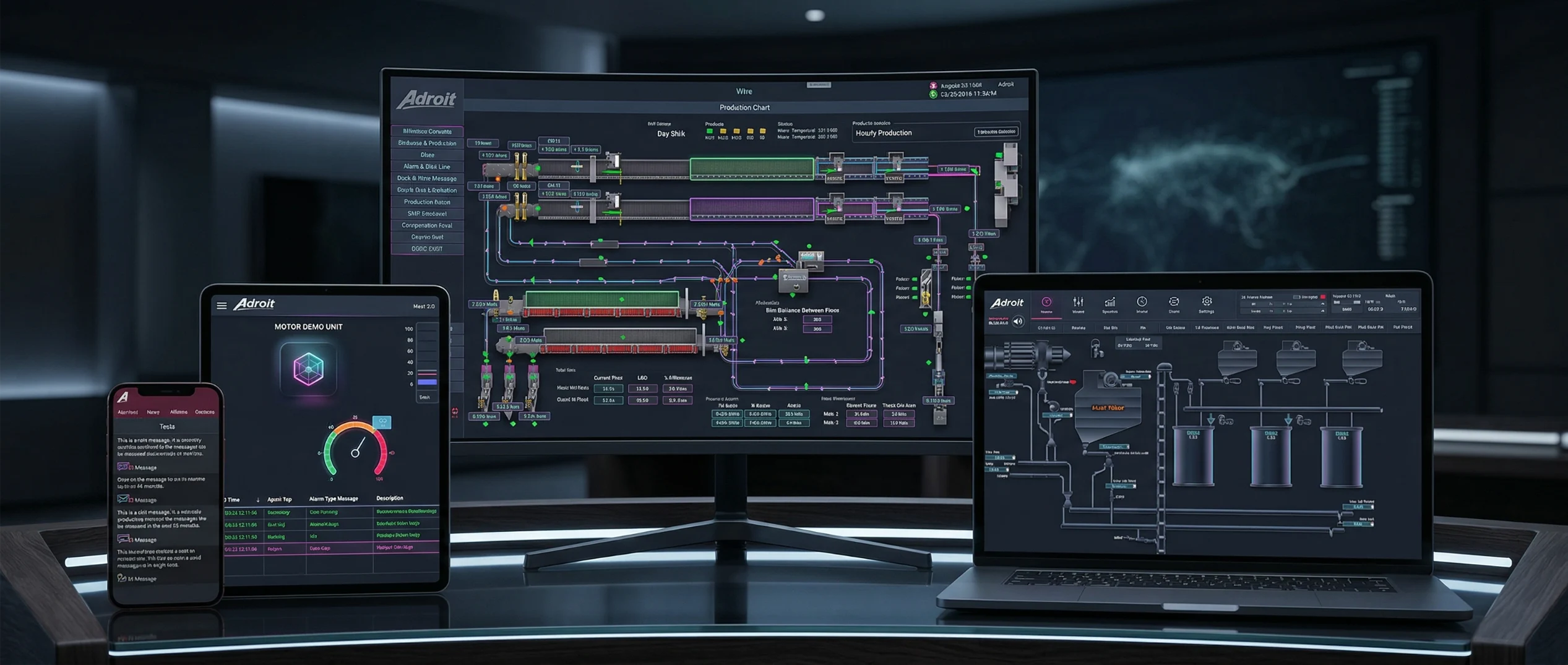 Adroit product suite displayed across desktop monitor, tablet and mobile devices