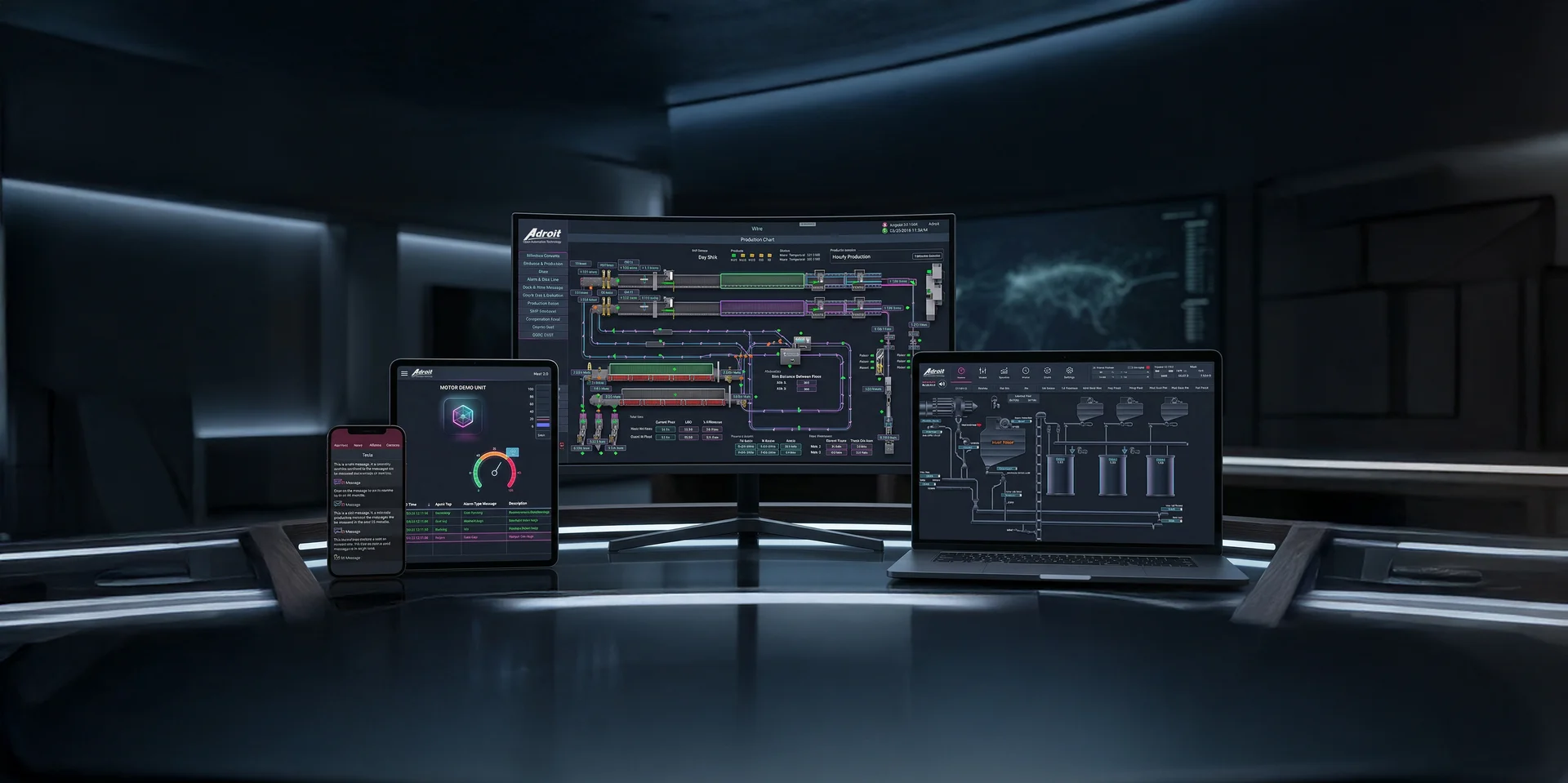 Adroit product suite displayed across desktop monitor, tablet and mobile devices