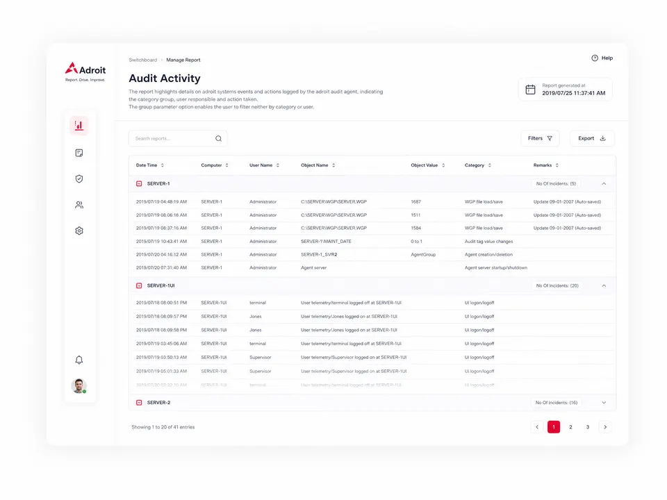 Adroit Standard Report Pack - Audit Activity report showing system events and actions