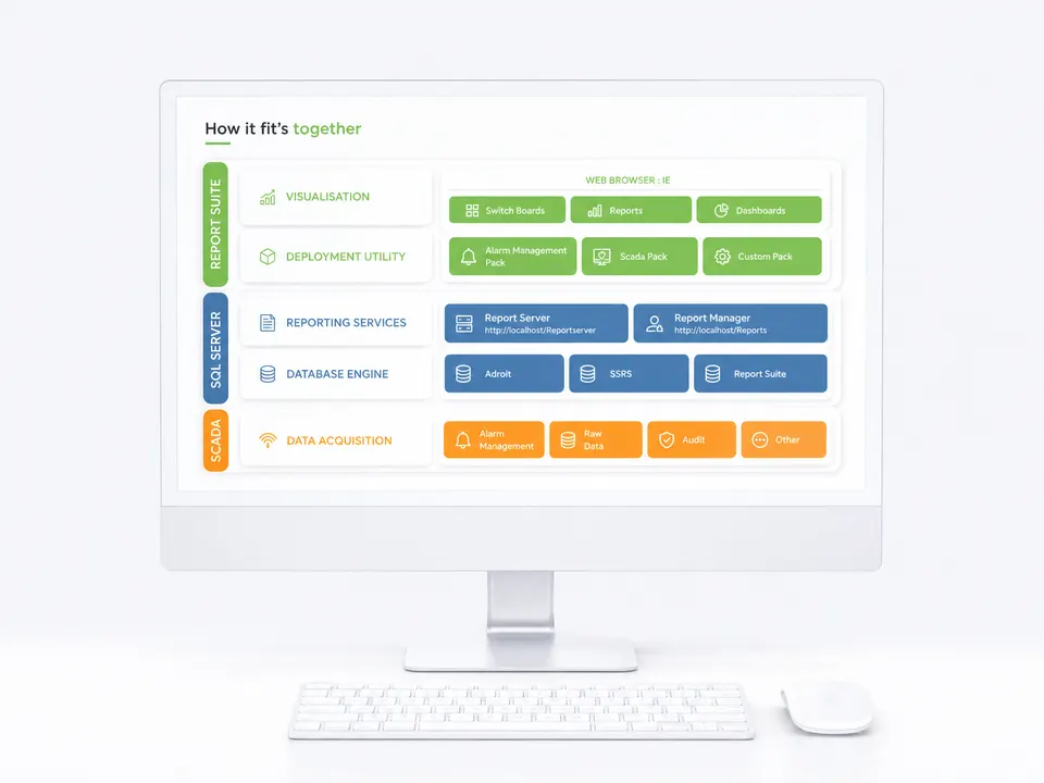 Adroit Report Suite architecture - SCADA data acquisition flowing through Report Suite, SQL Server and SSRS to web browser dashboards