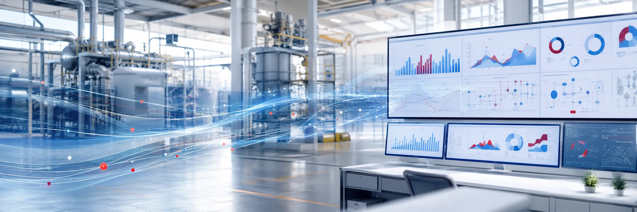 Operational data being turned into dashboards and reports in an industrial control room