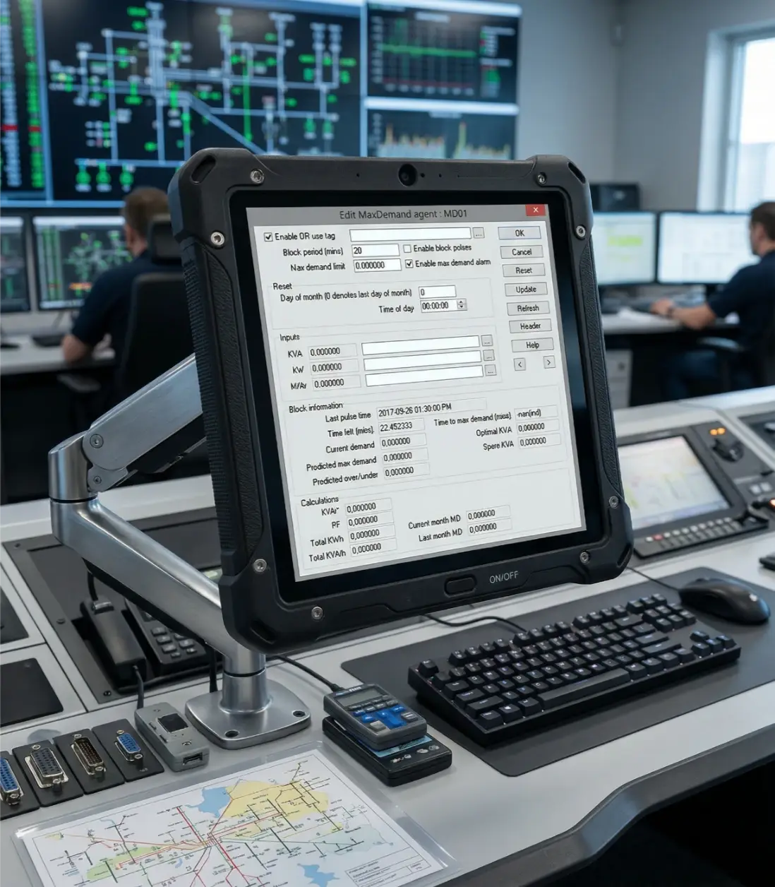 SCADA control room with rugged tablet displaying real-time demand data