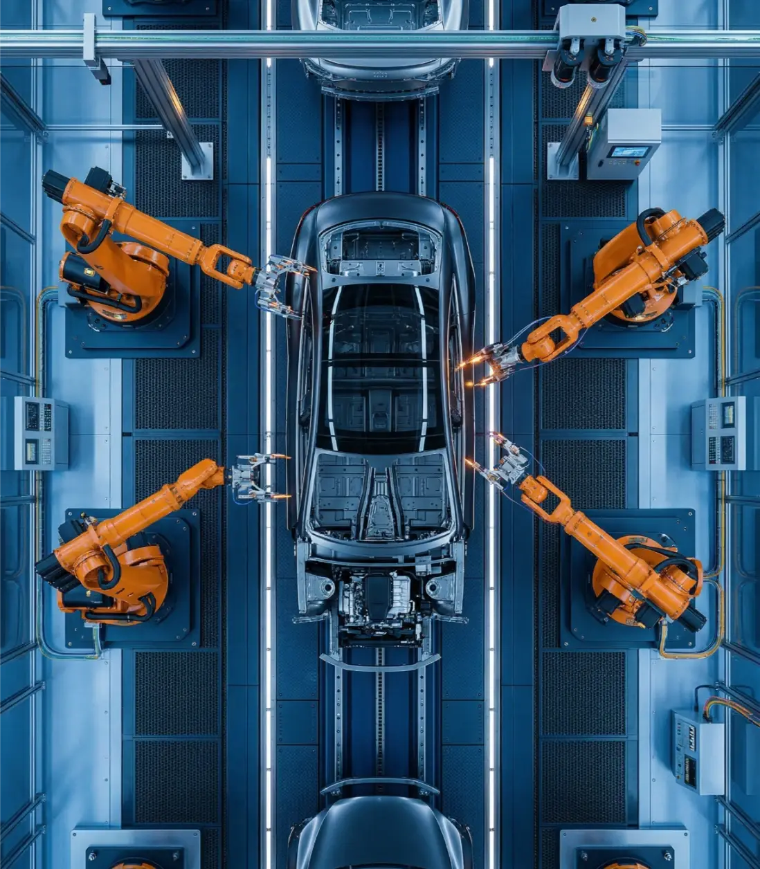Automated robotic arms on automotive production line