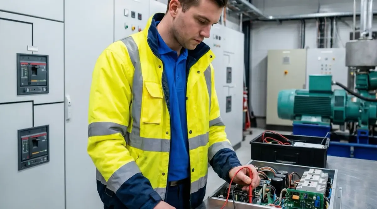 Engineer in hi-viz jacket inspecting electrical switchgear panel