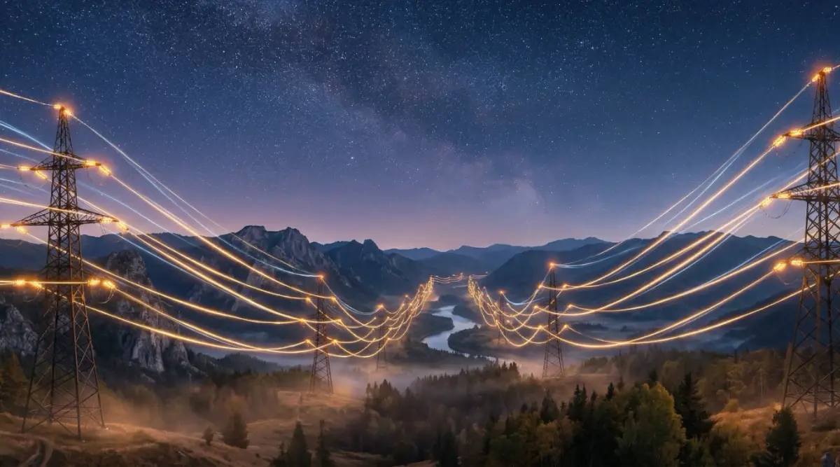 High-voltage power transmission lines across mountain landscape at night