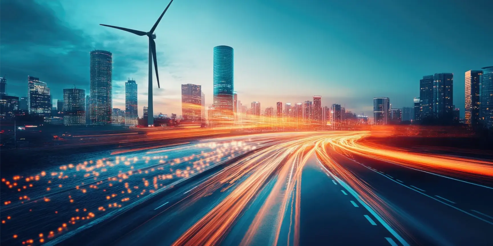 City skyline at night with energy light trails and wind turbine
